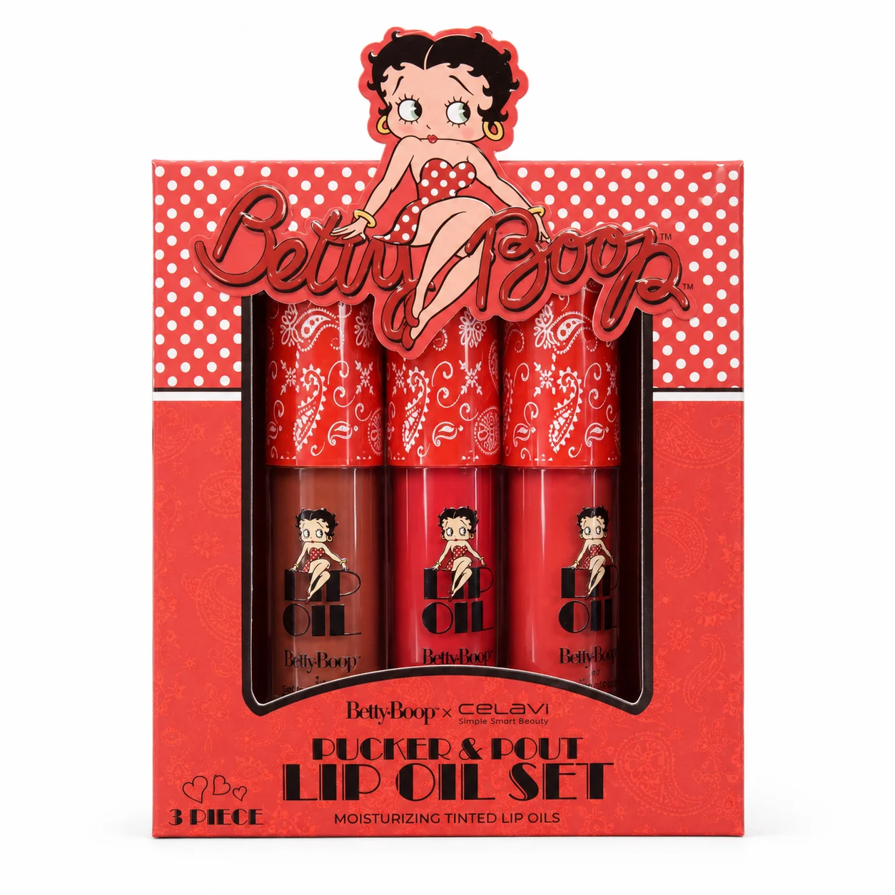 Betty Boop x Célavi "Pucker & Pout" Lip Oil Set (Kit com 3 óleos labiais matizados)